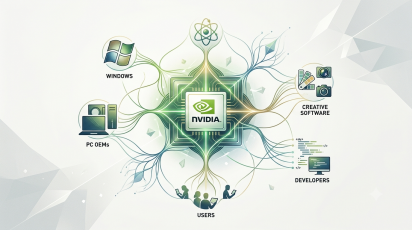 Ilustrasi editorial tentang NVIDIA, platform, dan ekosistem teknologi